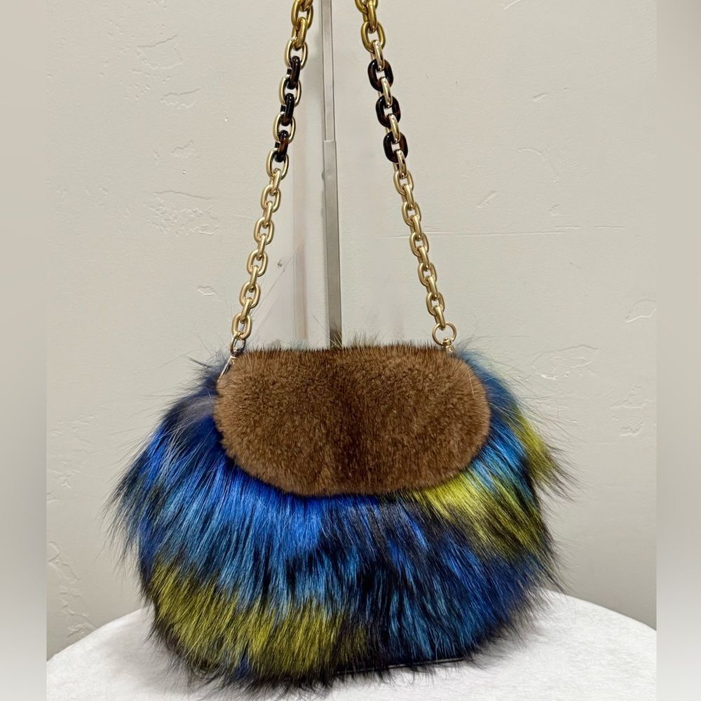 Unique Colorful Real Mink Fur with Finn Raccoon Fur Bag Includes 2 Strap Styles